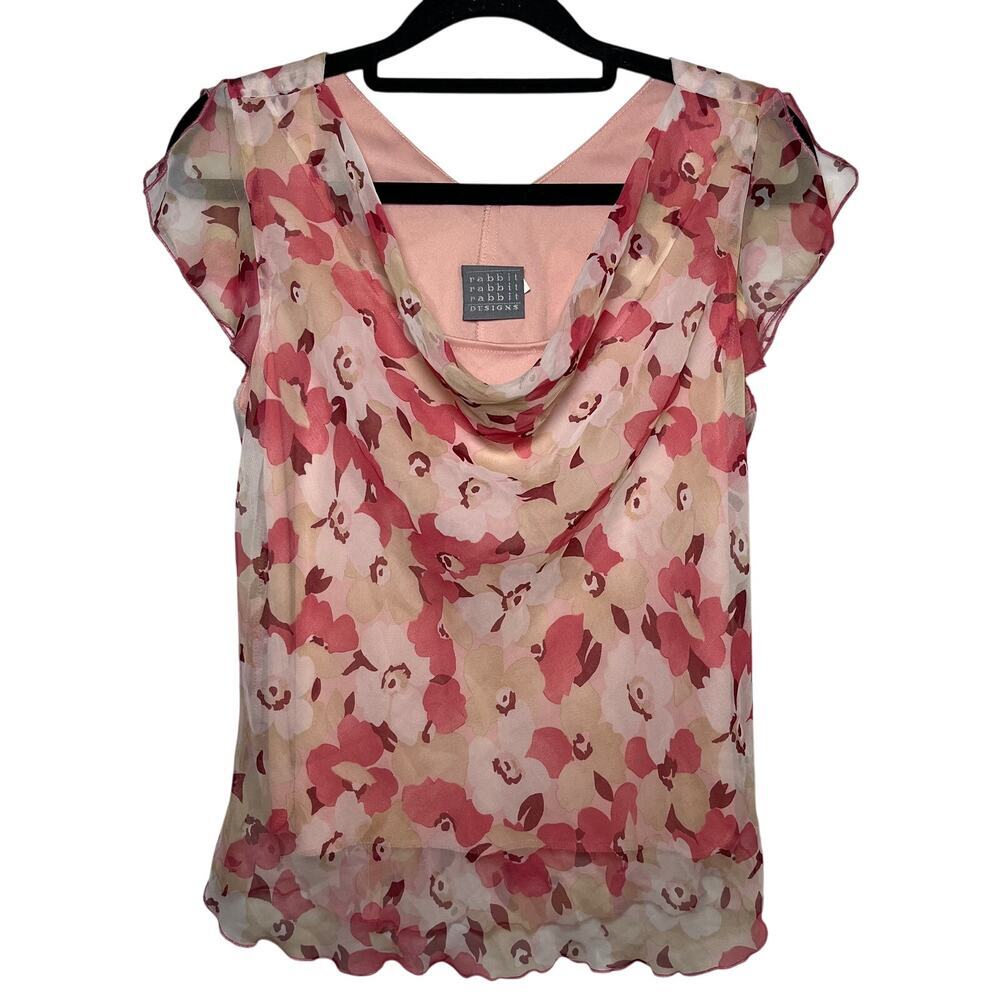 Y2K‎ Cowl Neck Flutter Sleeve Top Pink Floral Sz 8 Cottage Fairy Romantic Office